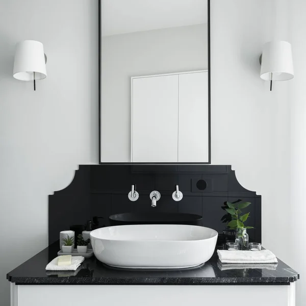 Close Stylish Bathroom Washbasin White Cabinet Black Countertop Big Mirror — Fotografia de Stock