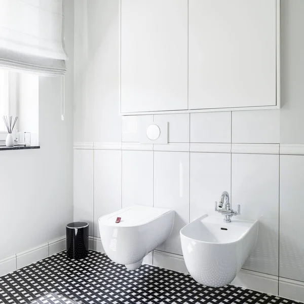 Close Stylish Bidet Toilet Modern Bathroom Black White Mosaic Tiles — Fotografia de Stock