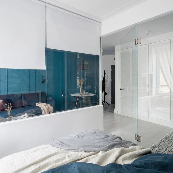 Stylish Studio Apartment Bedroom Glass Walls Simple White Blinds — Stock Photo, Image