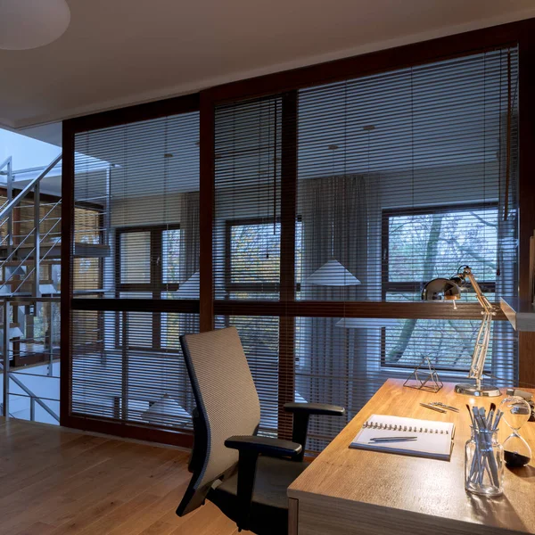 Stylish Window Wall Blinds Small Cozy Home Office Room Wooden — Φωτογραφία Αρχείου