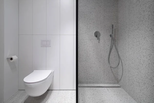 Salle Bain Moderne Simple Avec Carrelage Terrazzo Cabine Douche Spacieuse — Photo