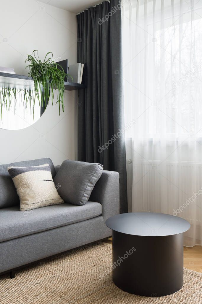 Bright living room with modern, black and round coffee table by simple gray couch with decorative pillow under shelf with books and plant