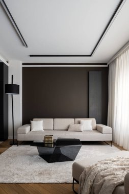 Şık oturma odasında modern sehpası olan, tavan ışıklandırmalı ve tüylü halısı olan şık bir kanepe.