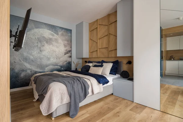 Stylish Bedroom Comfortable Bed Wood Decor Nice Wallpaper Moon — Zdjęcie stockowe