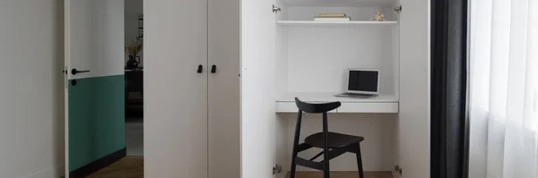 Panorama Functional Idea Small Desk Work Hidden White Wardrobe — 图库照片