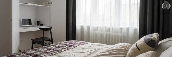 Panorama Stylish Bedroom Comfortable Bed Big Window Desk Work White — 스톡 사진