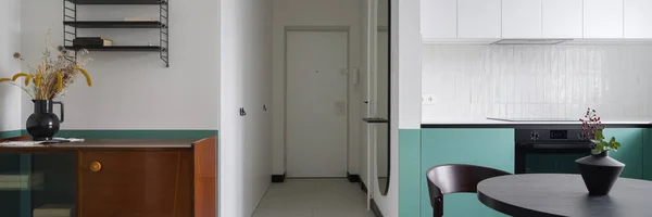 Panorama Interior Apartamento Elegante Com Design Eclético Cozinha Aberta Corredor — Fotografia de Stock