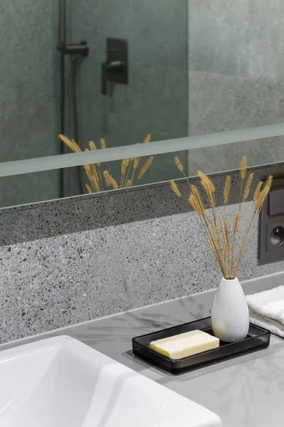 Soap Bar Decorations Next Washbasin Modern Bathroom Big Mirror Terrazzo — 图库照片