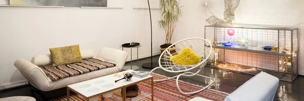 Panorama of artistic and unique design in living room with creative decorations and vintage furniture