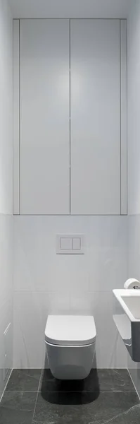 Вертикальная Панорама Простого Белого Туалета Маленьком Туалете Серым Полом — стоковое фото