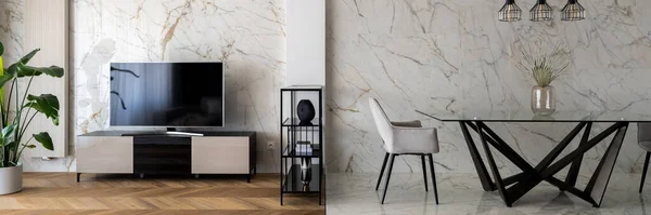 Panorama Van Elegante Eethoek Met Moderne Tafel Comfortabele Stoel Marmeren — Stockfoto