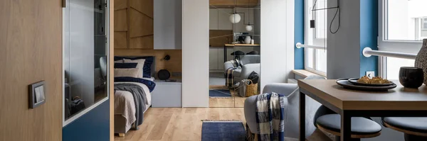 Panorama Apartamento Estudio Individual Moderno Elegante Con Dormitorio Abierto Cocina — Foto de Stock