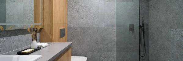 Panorama Des Modernen Badezimmers Mit Dusche Hinter Glaswand Grauen Terrazzo — Stockfoto