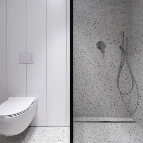 Geräumige Duschkabine Neben Toilette Modernen Und Einfachen Badezimmer Mit Terrazzo — Stockfoto