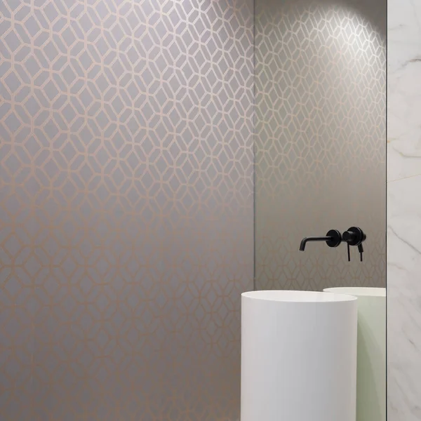 Elegant White Washbasin Tub Black Tap Mirror Wall Luxury Lavatory — Stock Photo, Image