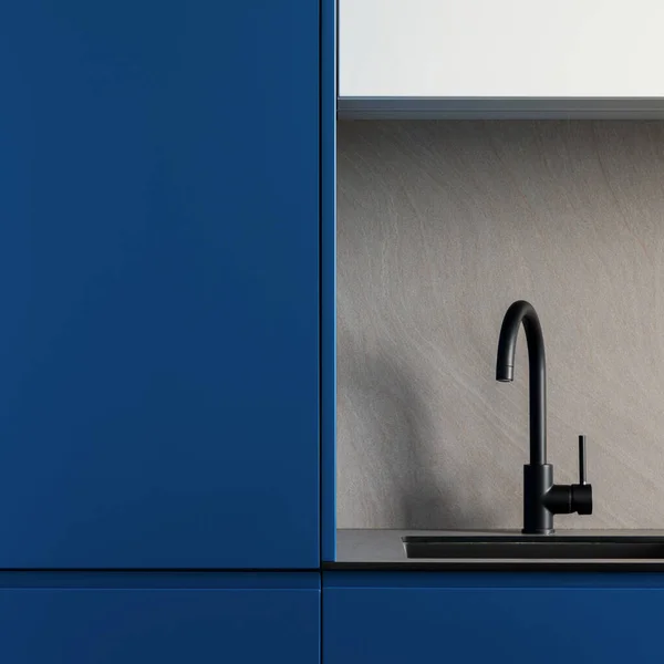 Close Black Tap Kitchen Sink Blue Cupboards Gray Backsplash — Stock Photo, Image
