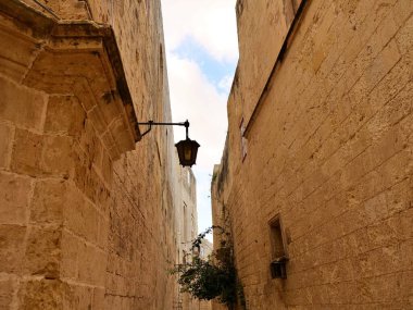 Mdina Malta 'da balkonu ve yeşil bitkileri olan dar bir taş sokak.