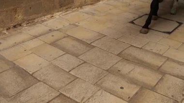 Asfaltlı zemindeki antika at arabasının tekerleklerine yakın çekim. Kırmızı tahta tellere, metal jantlara ve süspansiyonlara odaklanmış. Müze ortamında tarihi nakliye aracı, kimse yok..