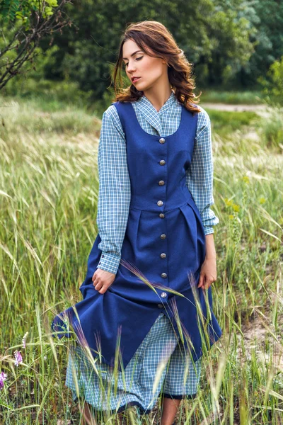 Outdoor Portret van een mooie brunette vrouw in blauwe jurk in het veld — Stockfoto