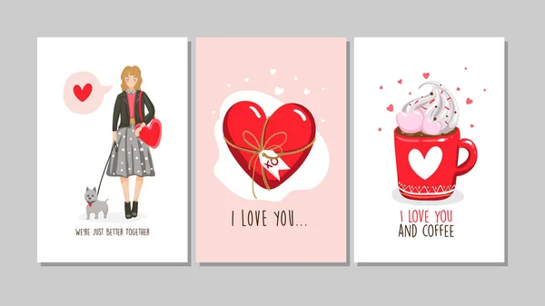 Conjunto de tarjetas de felicitación para San Valentín. Estilo plano de moda. Vector EPS10. — Archivo Imágenes Vectoriales