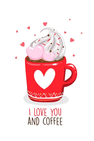 Valentinstag Grußkarte mit Herz und Kaffeetasse. Vektor EPS10. — Stockvektor