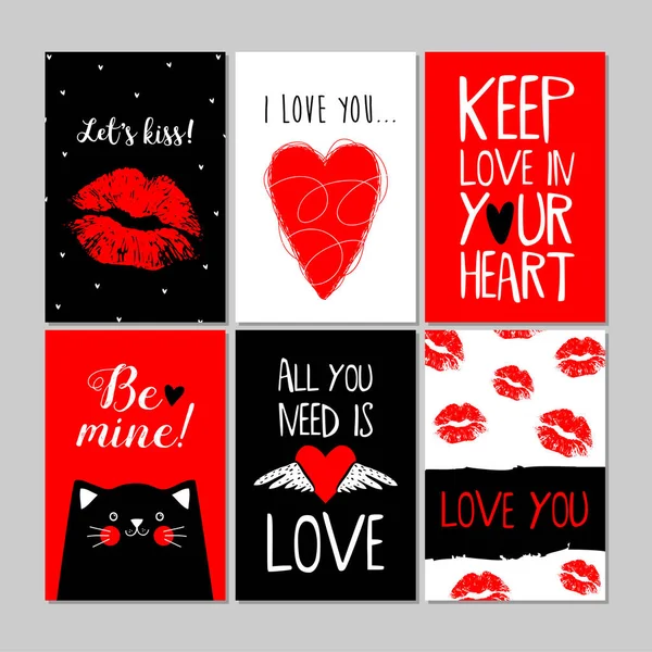 Conjunto de tarjeta de San Valentín de color rojo, negro, blanco con beso, corazones y gato. Plantillas de folleto con letras. Cartel o tarjeta de tipografía, etiqueta, colección de diseño de pancartas. Ilustración vectorial — Archivo Imágenes Vectoriales