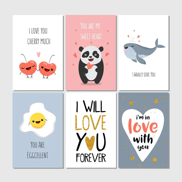 Conjunto de tarjetas de felicitación con panda, cereza, corazón, ballena, huevo, letras. Ilustración vectorial, colección imprimible. Feliz día de San Valentín — Archivo Imágenes Vectoriales