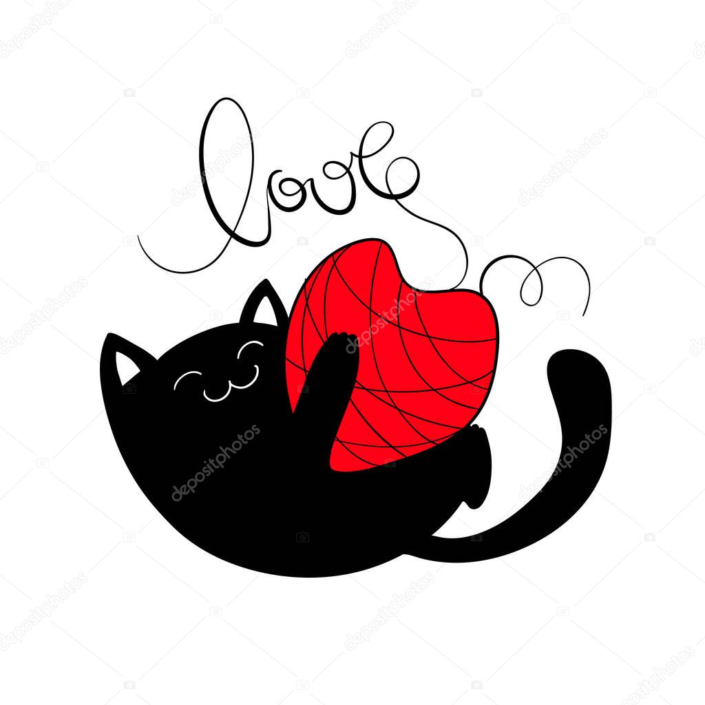 Black cat with red heart, Valentine Day design