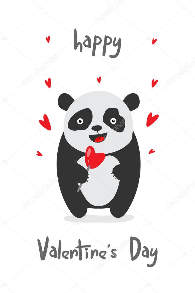 Happy Valentines Day greeting card with cute panda. Vector illustration
