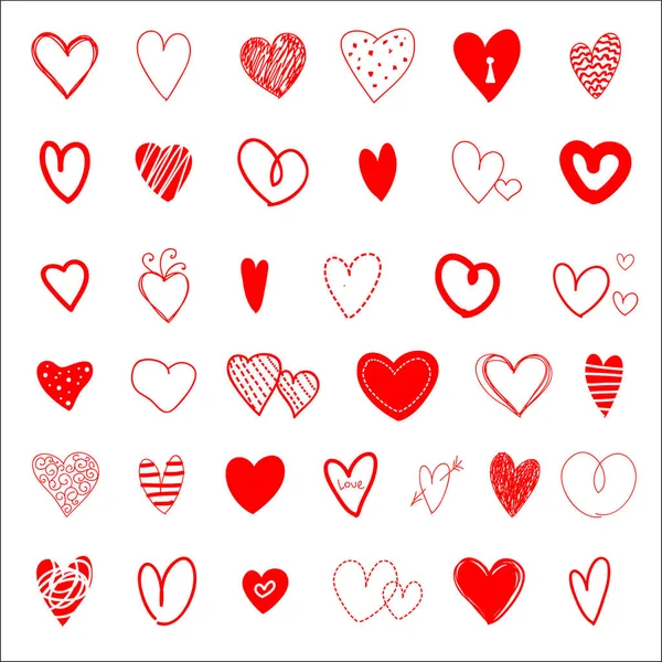 Набір Червоних Сердець Намальованих Руками Елементи Дизайну День Святого Валентина — стоковий вектор