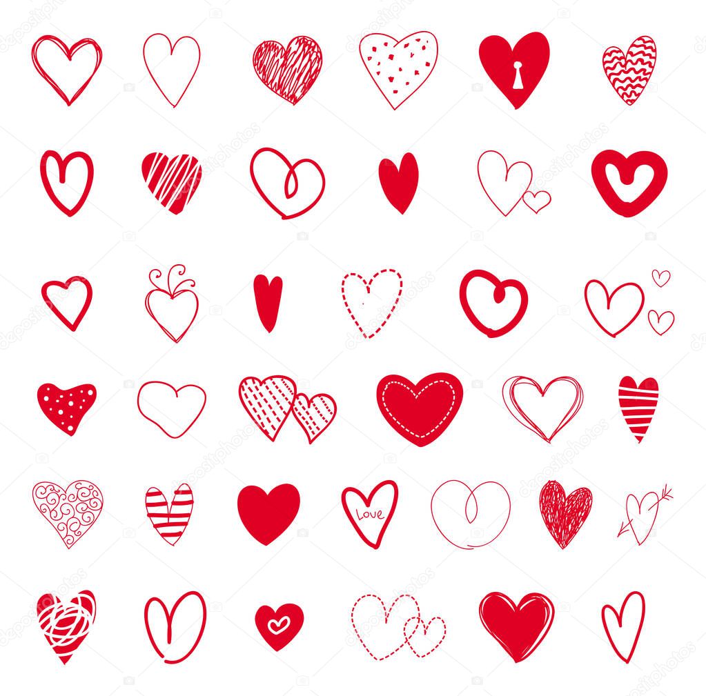 Set of hand drawn red hearts. Design elements for Valentine s day. Vector EPS10.