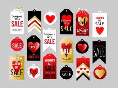 Kırmızı, siyah, beyaz sevgililer günü etiketleri ve rozetlerinin olduğu bir koleksiyon. Vektör illüstrasyonu.
