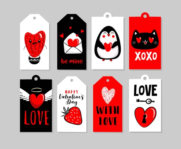 Colección Etiquetas Distintivos San Valentín Color Rojo Negro Blanco Con — Archivo Imágenes Vectoriales