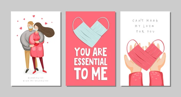 Conjunto Tarjetas Felicitación San Valentín Con Pareja Corazón Hecho Mascarilla — Archivo Imágenes Vectoriales