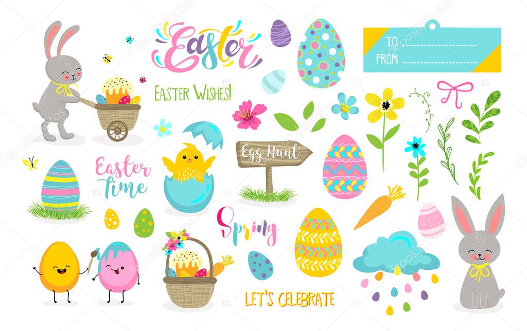 Set of cute Easter cartoon characters and scrapbooking elements. Easter bunny, chickens, flowers, lettering, kawaii eggs. Vector illustration.