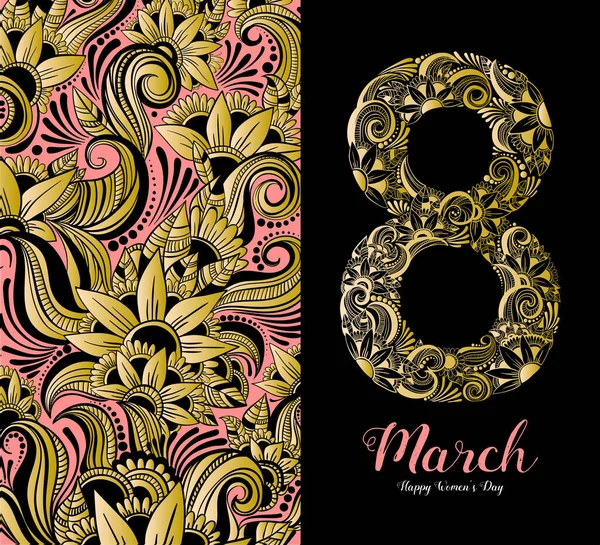 Glückliche Glückwunschkarte zum Frauentag. 8 auf schwarzem Hintergrund, rosa und goldenen Farben — Stockvektor
