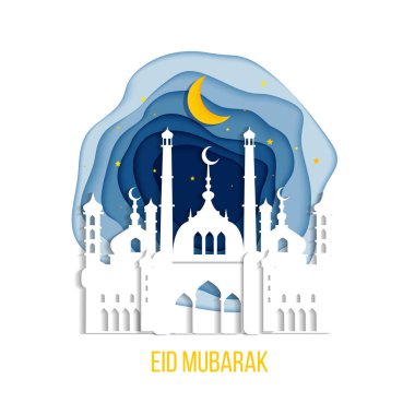 Ramazan Kareem, Bayram Mübarek, Kurban Bayramı tebrik kartı, arka plan, Arap fenerleri ve kaligrafili ilüstrasyon, yıldızlı arka planda bulutlar. EPS 10