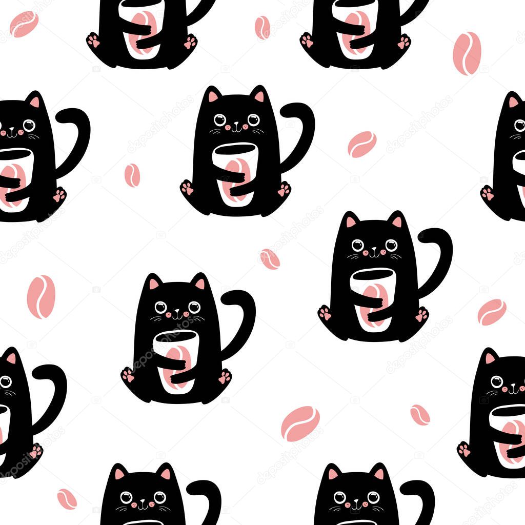 Funny kawaii cats with coffee cup and beans, cute seamless pattern background.