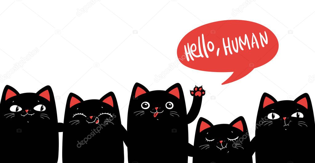 Black cats on white background. Hello human cards. Vector eps 10.