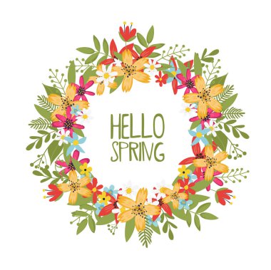Bahar çiçekleri, yaprakları ve harfleri olan renkli bir çelenk. Merhaba bahar. Vektör illüstrasyonu EPS 10.
