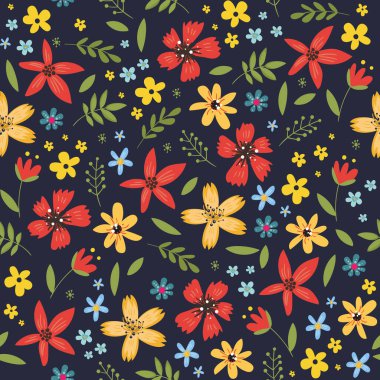 Çiçeklerle ve koyu mavi arka planda yapraklarla desensiz çiçek deseni. Bahar çiçeği arkaplanı. Vektör illüstrasyonu EPS10.