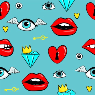 Dudakları, gözleri, elmasları ve dikişsiz diğer elementleri olan moda yama rozetleri. Çıkartmalı vektör arkaplanı.