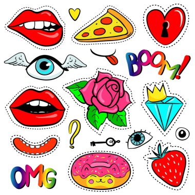 Dudakları, kalbi, pizzası, çöreği ve diğer unsurları olan moda rozetleri. Vektör illüstrasyonu beyaz arkaplanda izole edildi
