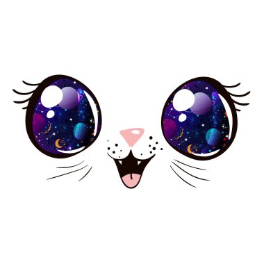 Gözlerinde boşluk olan kedi yüzünü kes. Kawaii tarzı. Kedi vektör illüstrasyonu EPS10.