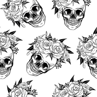 Çiçeksiz desenli bir geçmişi olan bir kafatası. Vektör çizimi. El çizimi iskelet ve kırmızı güller