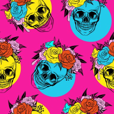 Çiçeksiz desenli bir geçmişi olan bir kafatası. Vektör çizimi. El çizimi iskelet ve kırmızı güller