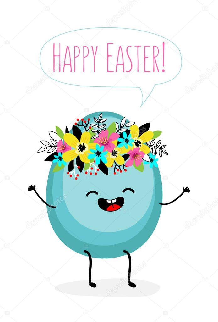 Happy easter greeting card. Character egg with kawaii smiling face and wreath of flowers on the head, white background.