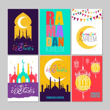 Tebrik kartları seti Ramazan kareem, kaligrafi ve harflerle dizayn edilmiş tipografik tasarım, vektör illüstrasyonu