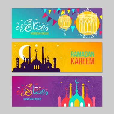 Arap unsurlu Ramazan Kareem pankartları. Bayram mübareği. Vektör illüstrasyonları
