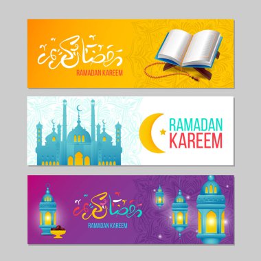 Arap unsurlu Ramazan Kareem pankartları. Bayram mübareği. Vektör illüstrasyonları